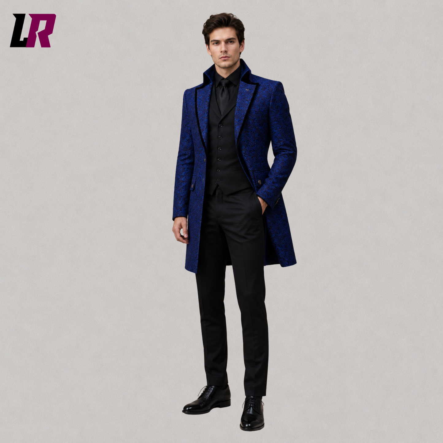 Front view of men's royal blue Victorian tailcoat with Gothic-inspired formal design