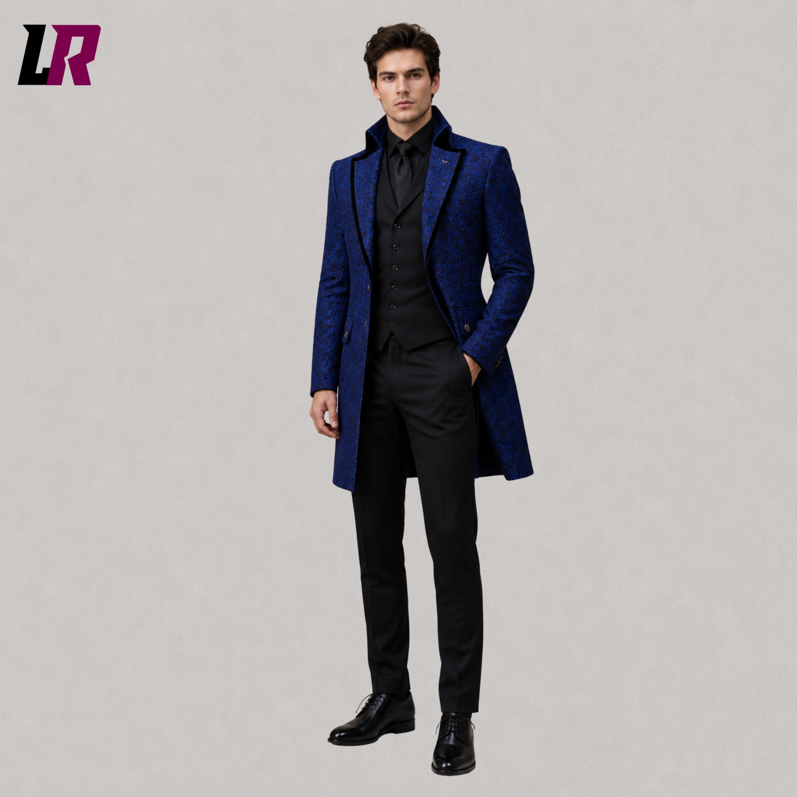 Front view of men's royal blue Victorian tailcoat with Gothic-inspired formal design
