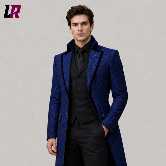 Close-up of men's royal blue Victorian tailcoat featuring premium fabric and elegant formal tailoring