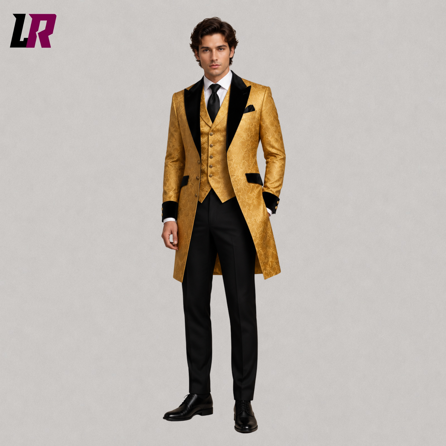 Front view of men's black and gold Gothic Victorian tailcoat suit with elegant formal design