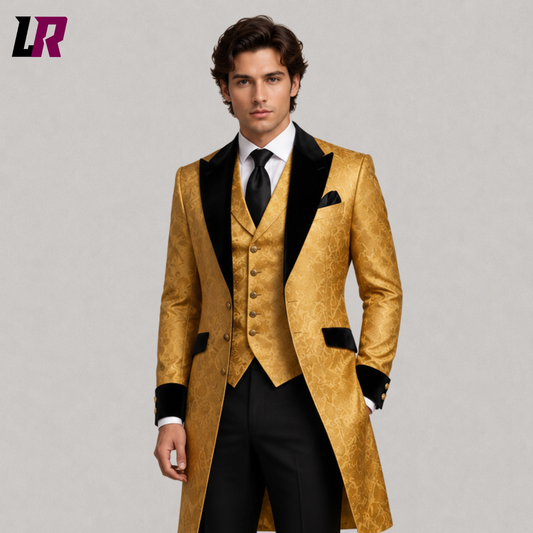 Close-up of men's black and gold Victorian tailcoat featuring luxurious gold embroidery and premium tailoring