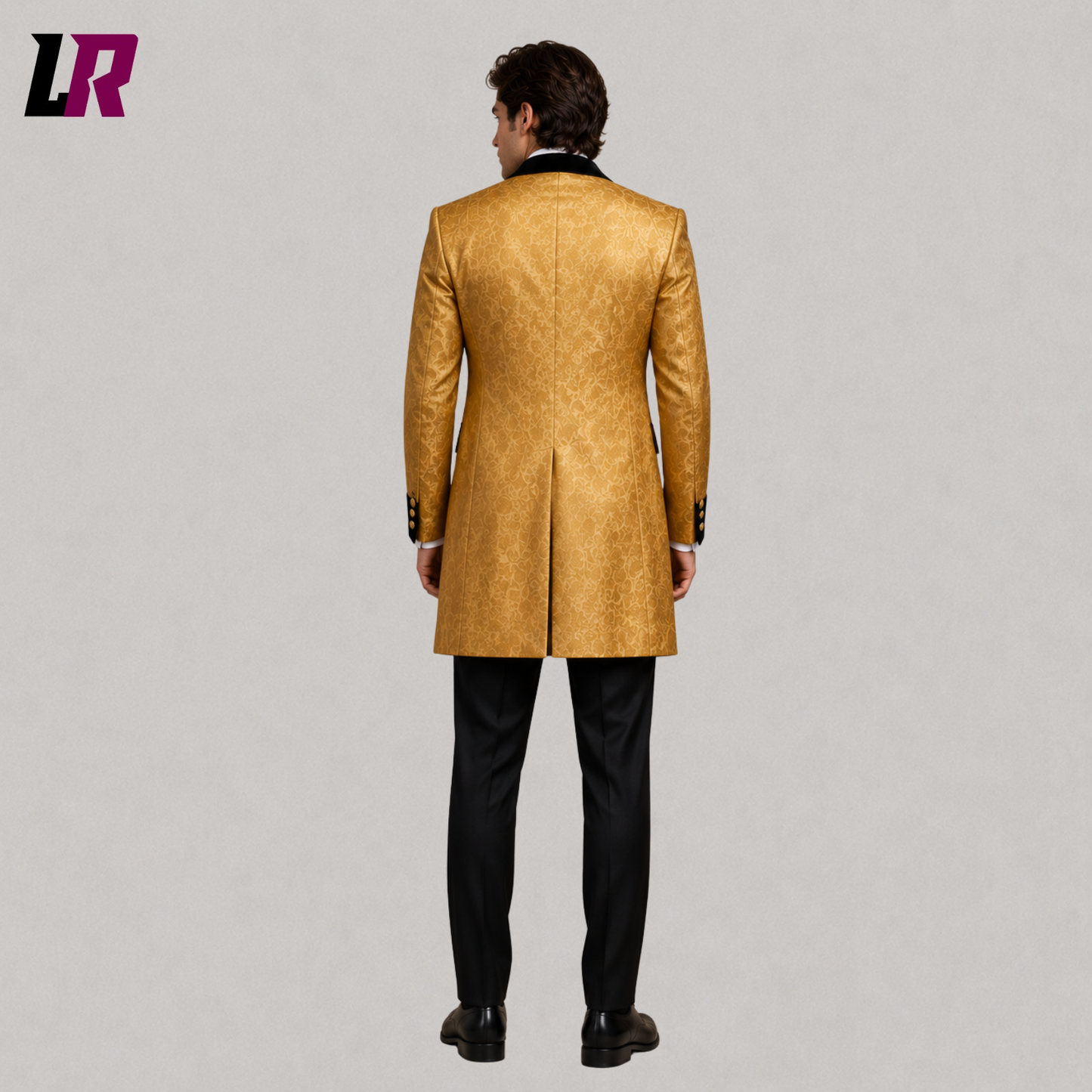 Back view of men's black and gold Victorian tailcoat showing tailored long coat silhouette