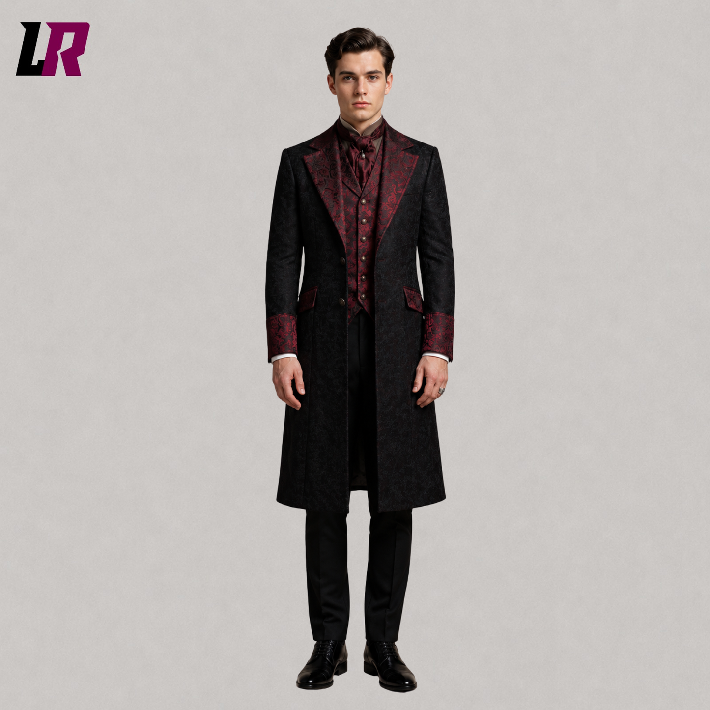 Front view of men's black and red Victorian Gothic tailcoat with steampunk-inspired formal design