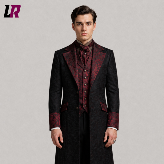 Close-up of men's black and red Victorian Gothic tailcoat featuring premium tailoring and elegant lapel details