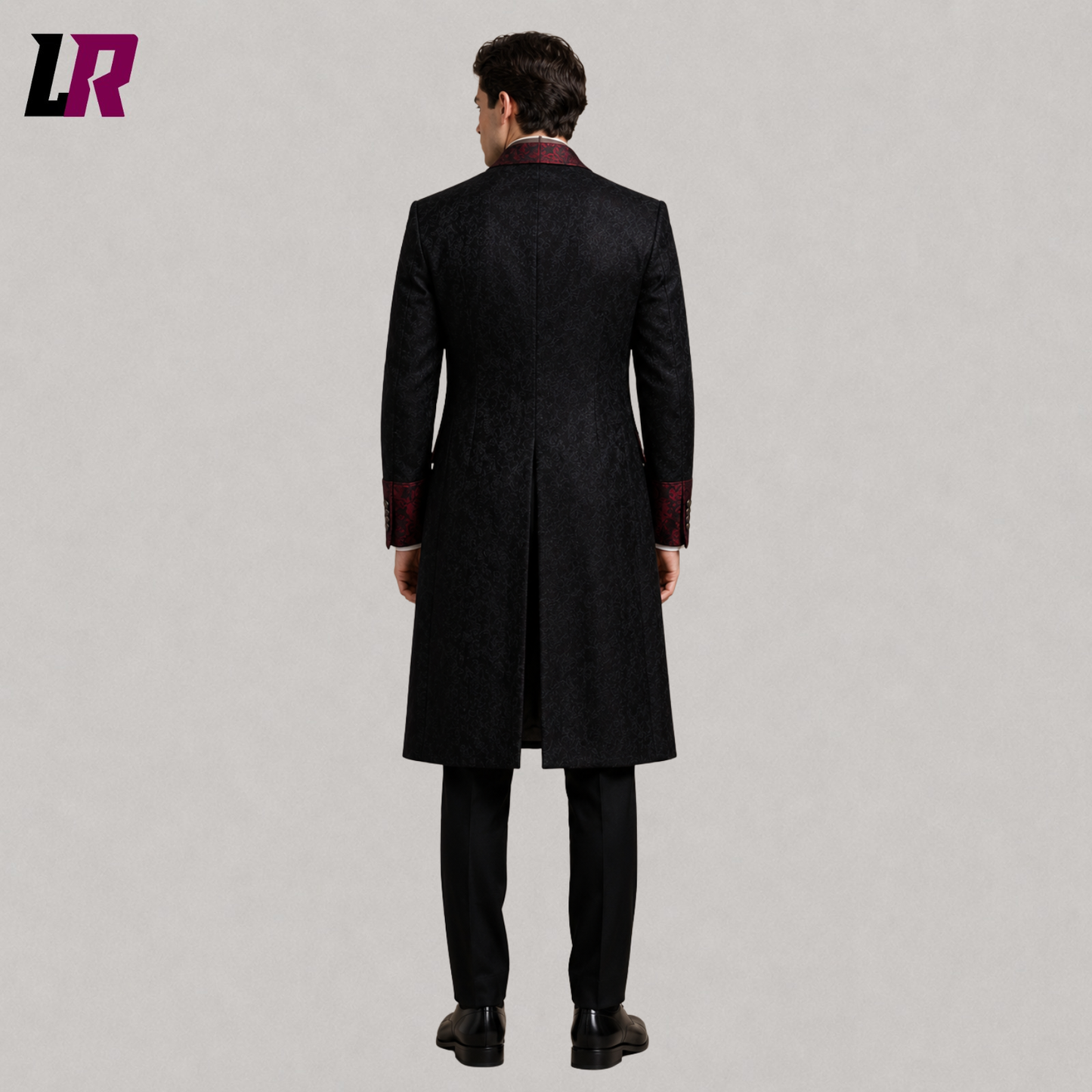 Back view of men's black and red Victorian tailcoat showing the long tailored silhouette