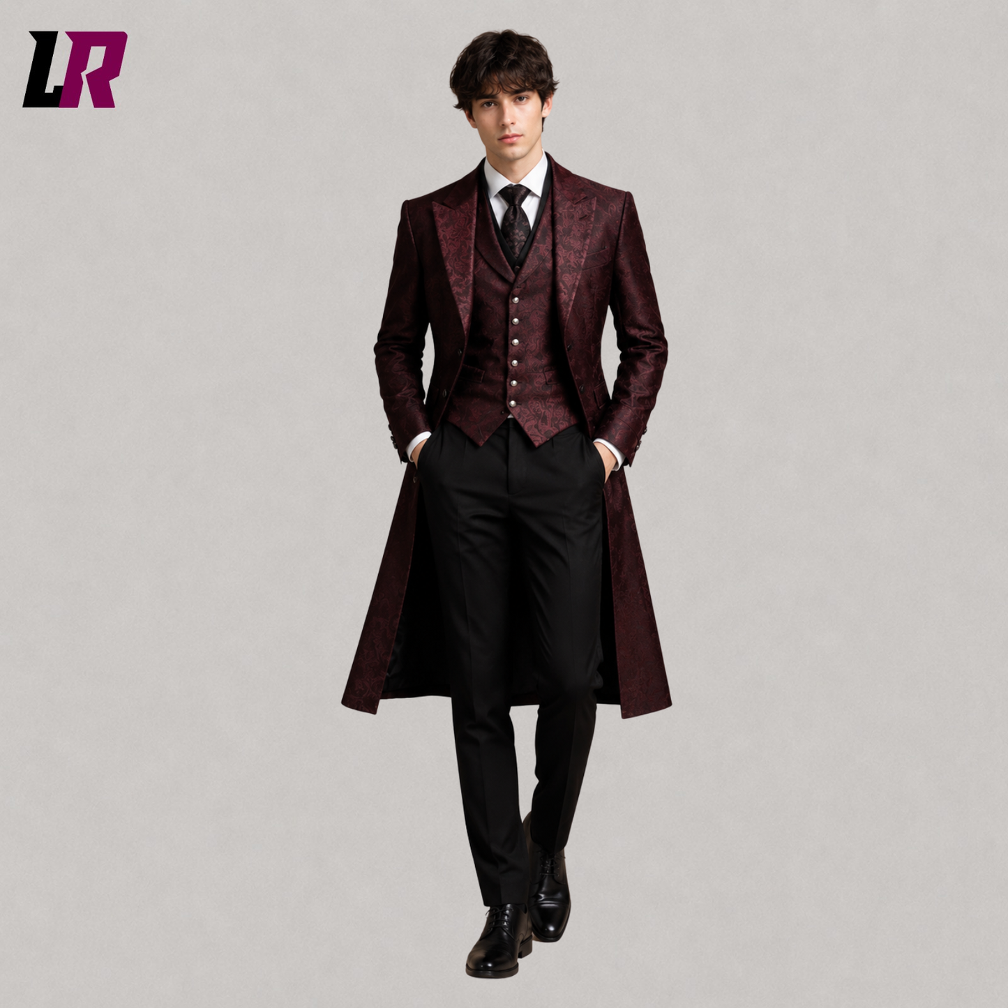 Front view of men's burgundy Gothic Victorian 3-piece tailcoat suit with matching vest and formal pants