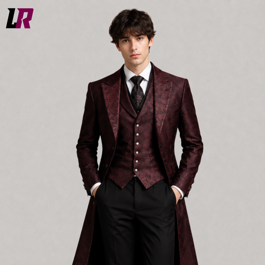 Close-up of men's burgundy Gothic Victorian tailcoat suit featuring premium tailoring and elegant lapel details