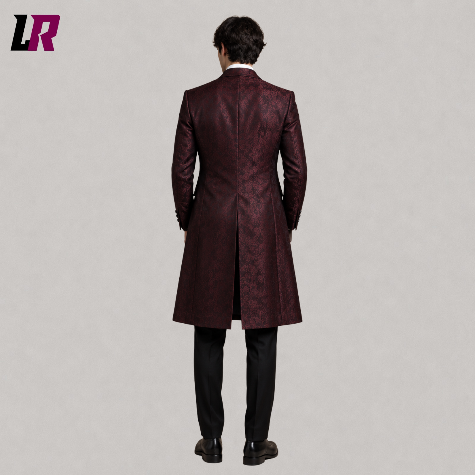 Back view of men's burgundy Victorian tailcoat suit showing the long tailored coat design
