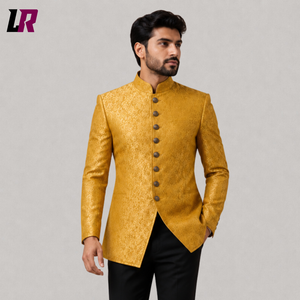 Men's Gold Brocade Bandhgala Suit | Victorian Mandarin Collar Jacket