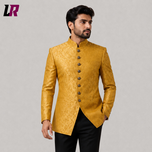 Close-up of men's gold brocade Bandhgala suit featuring an intricate jacquard pattern and Mandarin collar