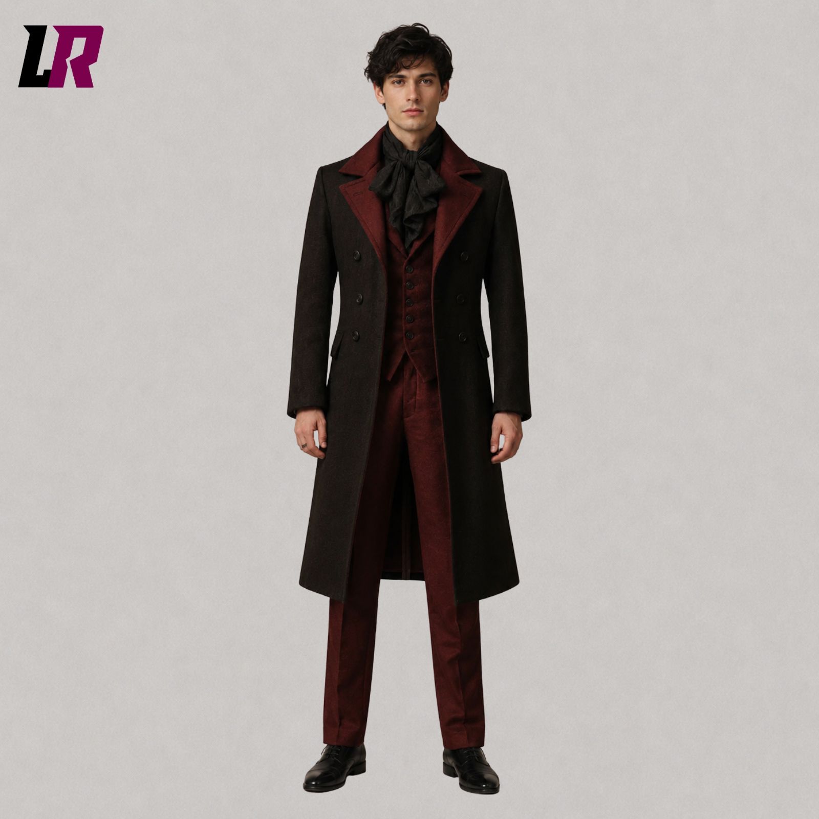 Front view of men's Gothic Victorian 3-piece tailcoat suit with matching vest and formal trousers