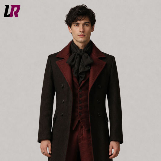 Close-up of men's Gothic Victorian tailcoat suit featuring premium wool-blend fabric and elegant tailoring