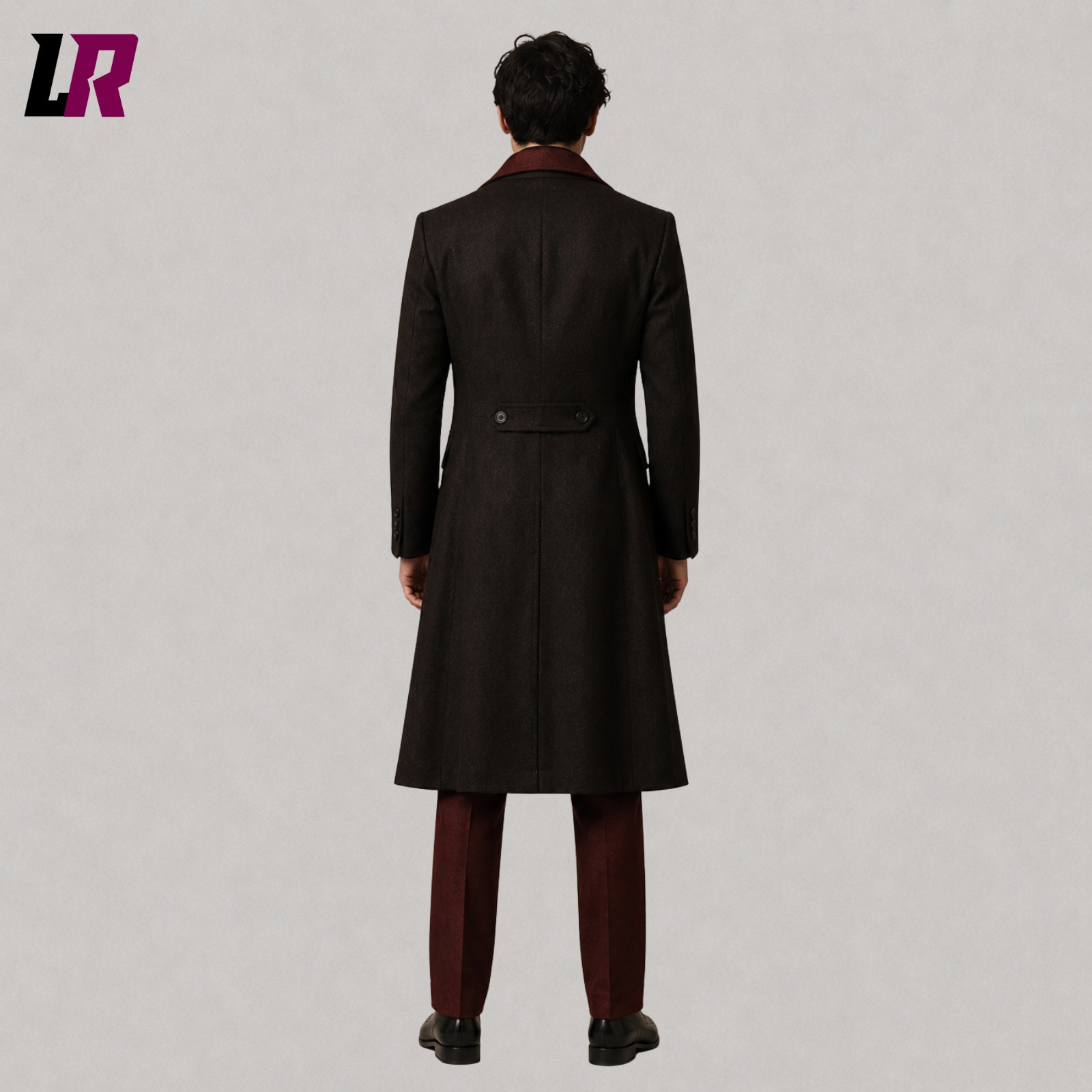 Back view of men's Gothic Victorian long tailcoat suit showing the elegant tailored silhouette
