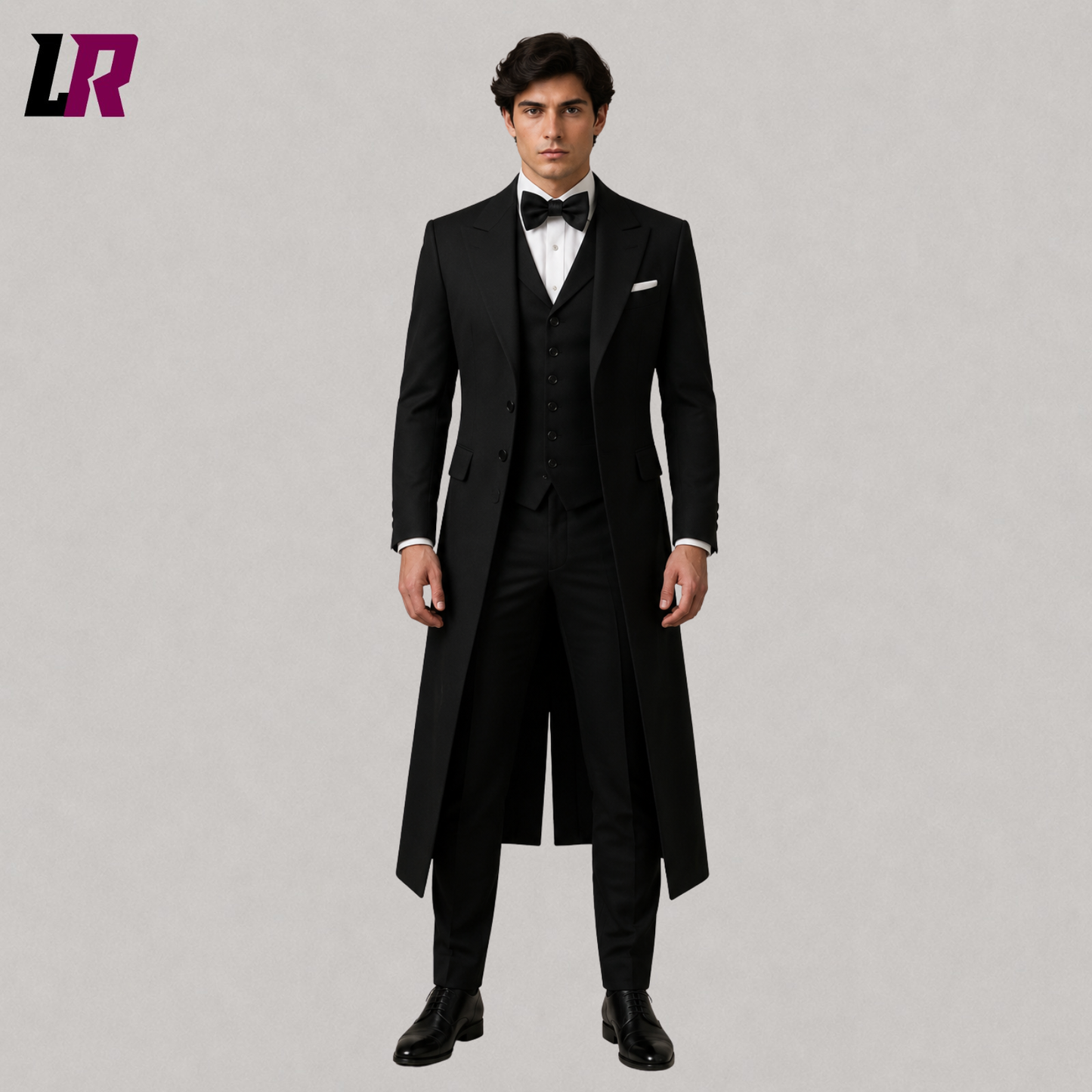 Front view of men's Gothic Victorian 3-piece suit with long tailcoat, vest, and formal trousers
