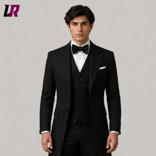 Close-up of men's Gothic Victorian 3-piece tailcoat suit featuring premium wool-blend fabric and elegant tailoring