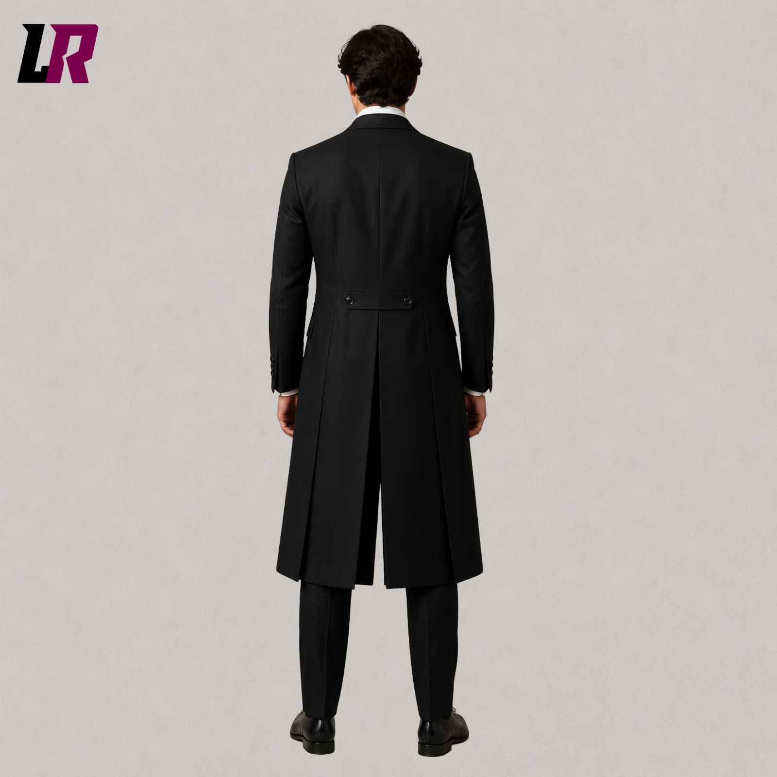 Back view of men's Victorian long tailcoat suit showing the elegant tailored silhouette