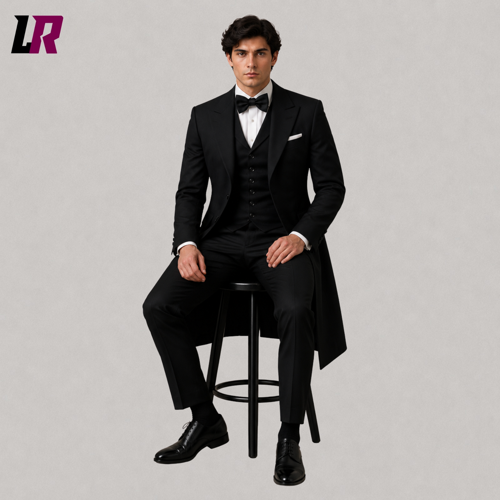Man sitting on a stool wearing a Gothic Victorian 3-piece tailcoat suit for weddings and formal occasions