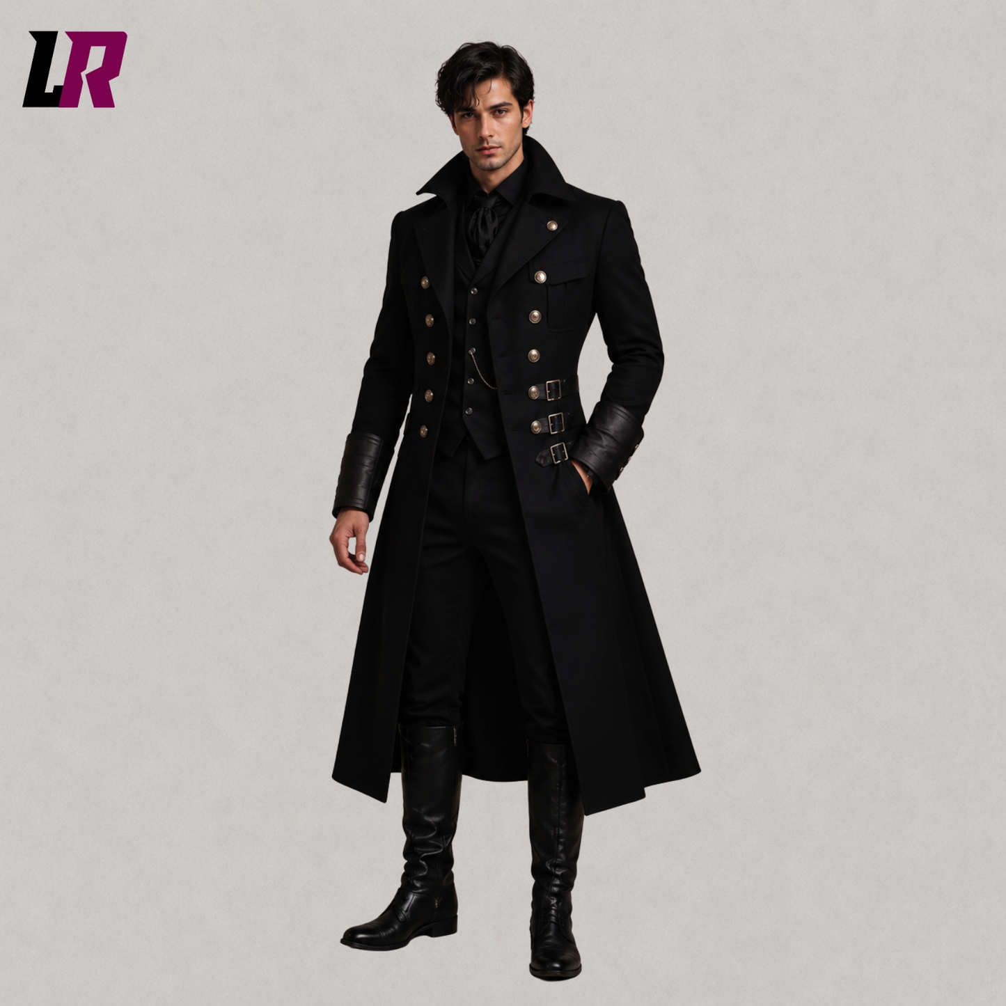 Front view of men's black Victorian Gothic long coat with steampunk-inspired tailcoat design