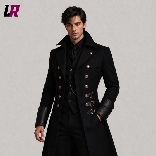 Close-up of men's black Victorian Gothic long coat featuring premium tailoring and elegant lapel detailing