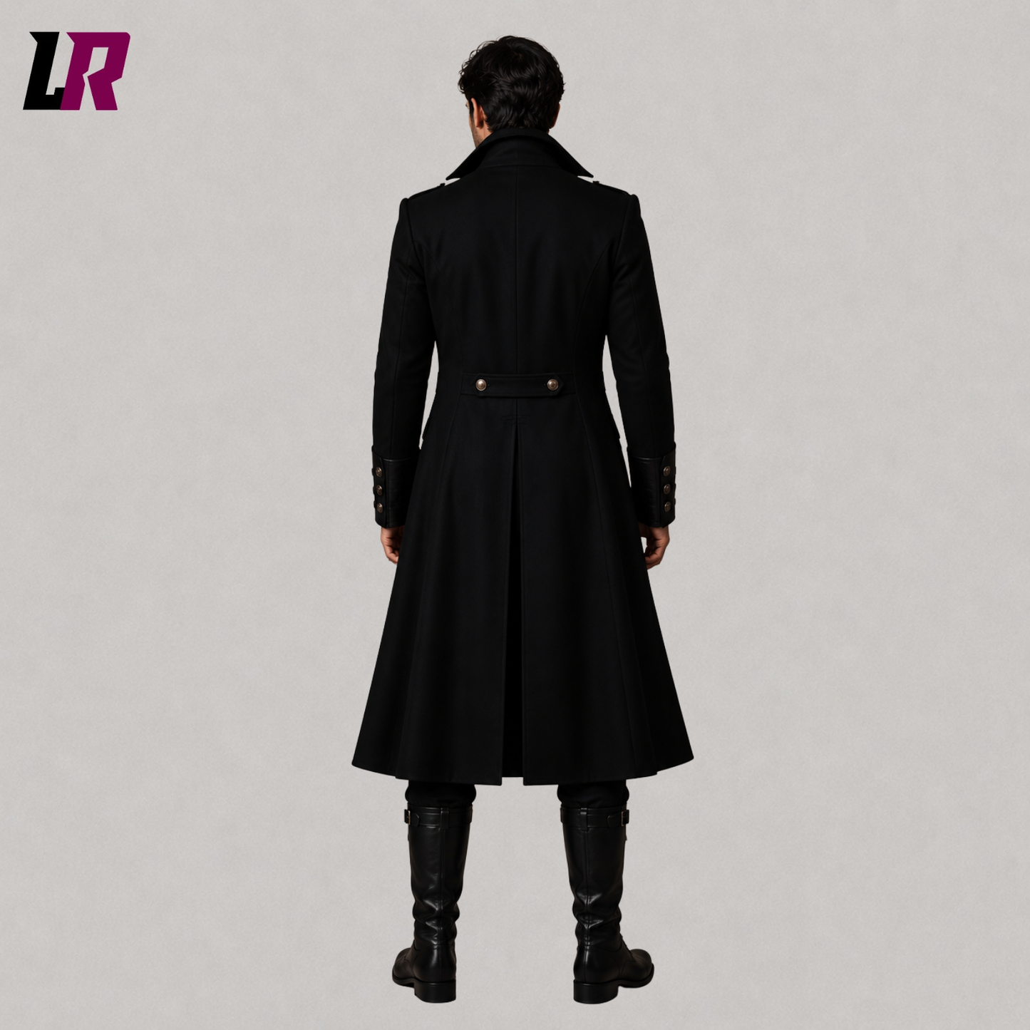 Back view of men's black Victorian Gothic long coat showing the elegant full-length tailored silhouette