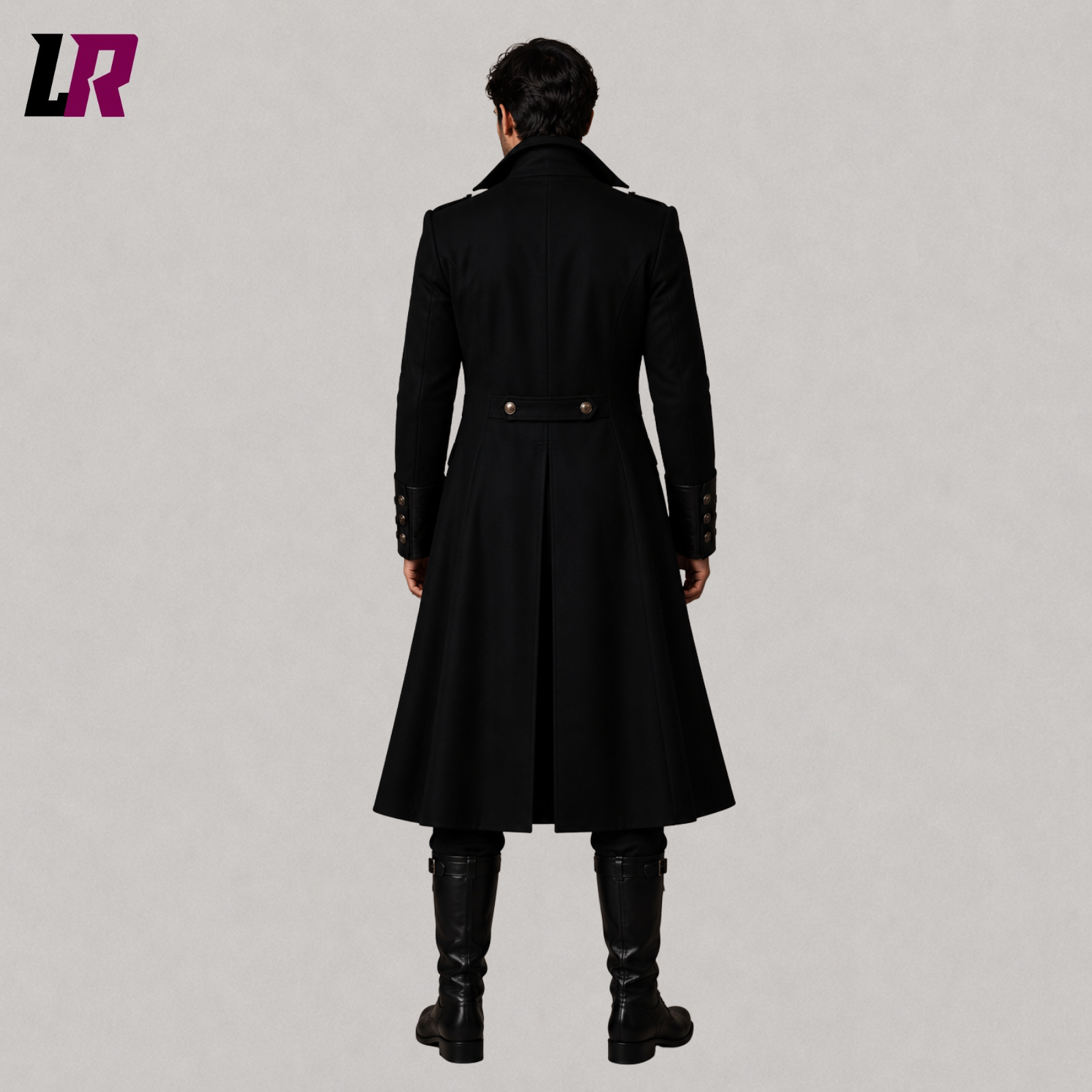 Back view of men's black Victorian Gothic long coat showing the elegant full-length tailored silhouette