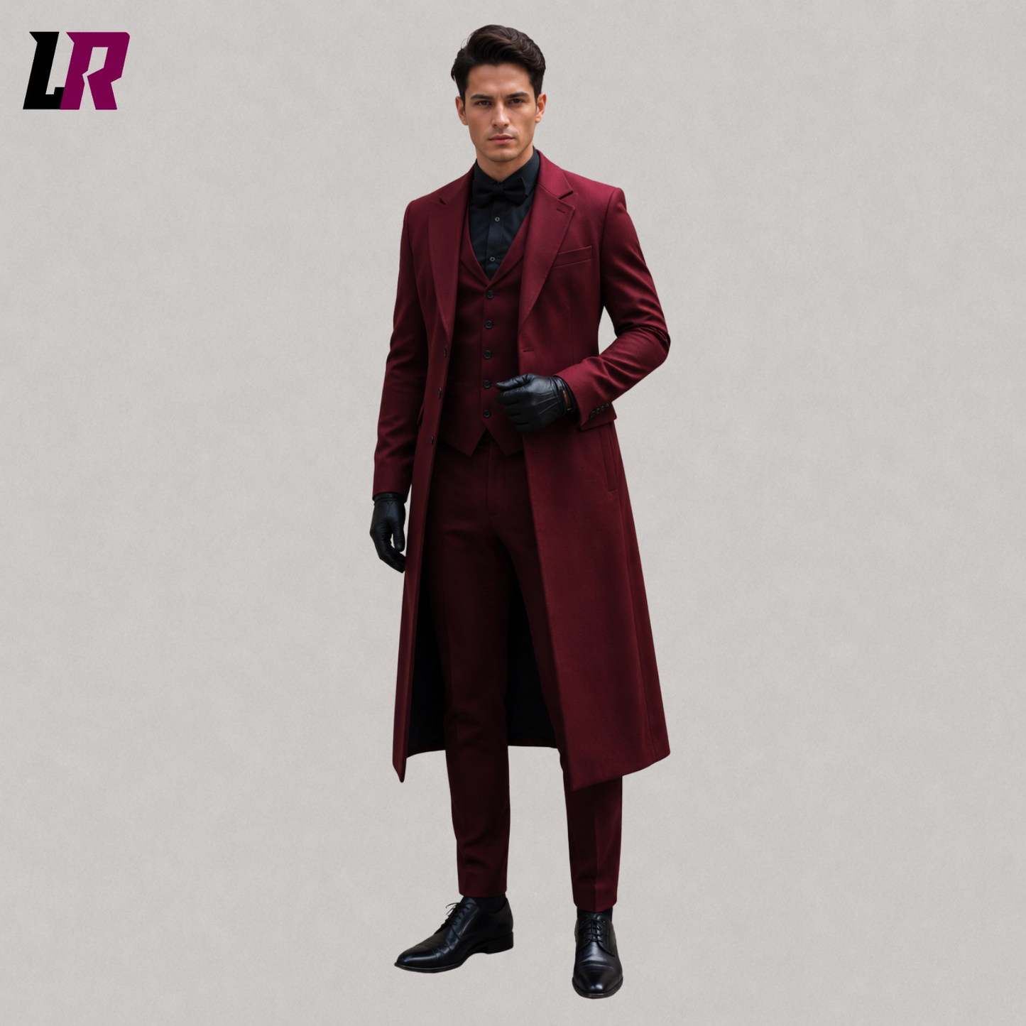 Front view of men's burgundy Gothic Victorian tailcoat with a long formal silhouette