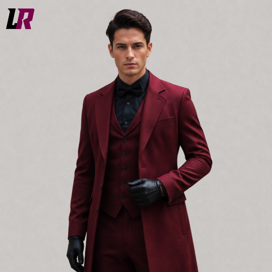 Close-up of men's burgundy Gothic tailcoat featuring premium Victorian tailoring and elegant lapel details