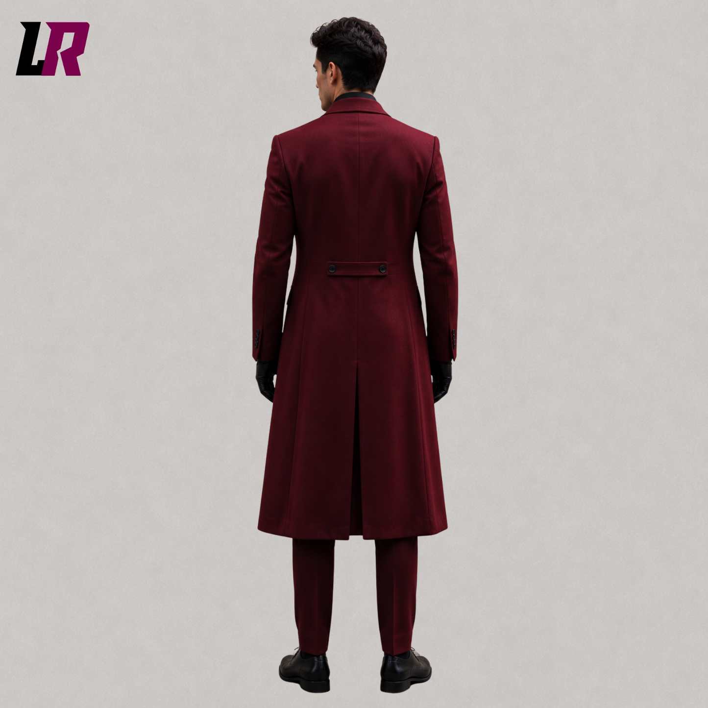 Back view of men's burgundy Victorian long tailcoat showing the elegant tailored design