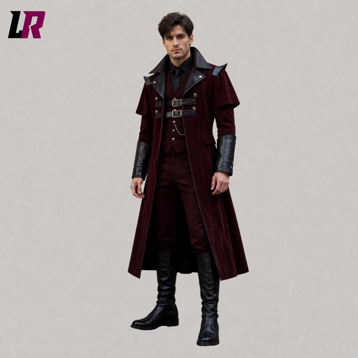 Front view of men's burgundy velvet Gothic Victorian long tailcoat with elegant formal styling