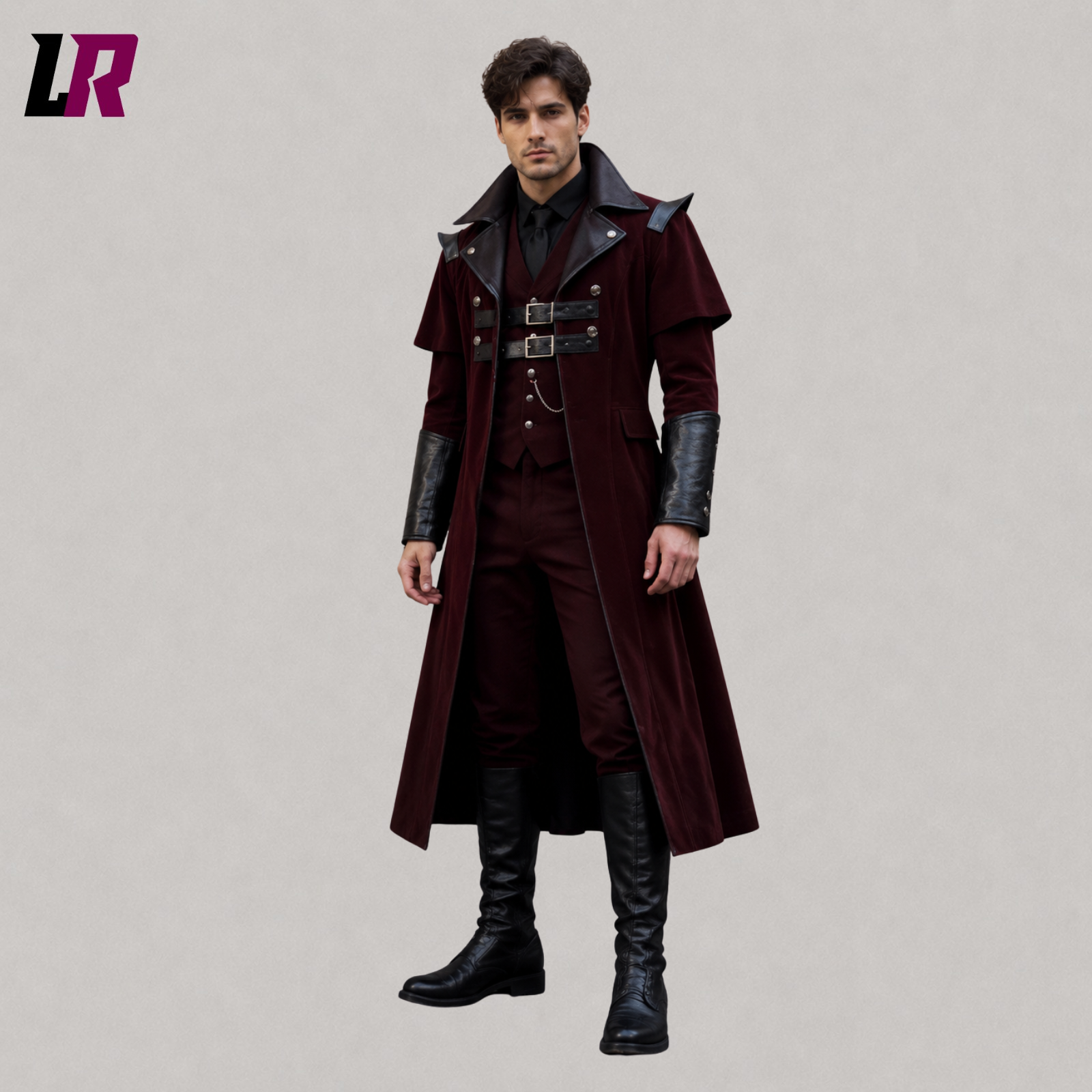Front view of men's burgundy velvet Gothic Victorian long tailcoat with elegant formal styling