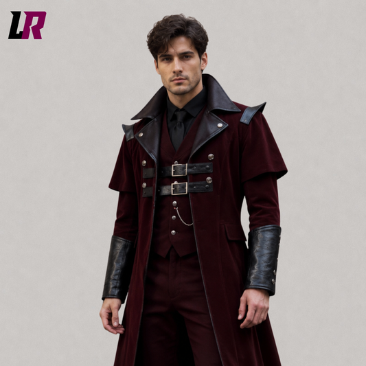 Close-up of men's burgundy velvet Gothic Victorian tailcoat featuring luxurious velvet fabric and premium tailoring