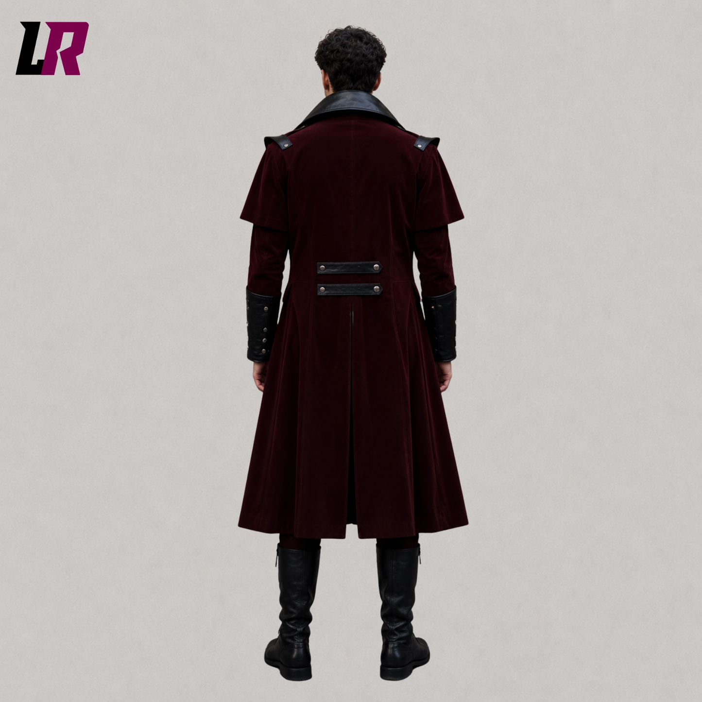 Back view of men's burgundy velvet Victorian tailcoat showing the long tailored silhouette