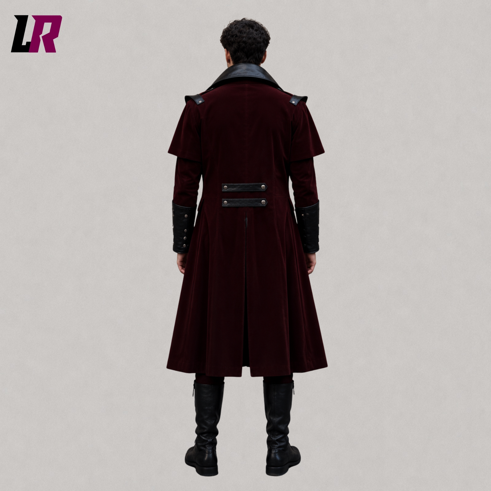 Back view of men's burgundy velvet Victorian tailcoat showing the long tailored silhouette