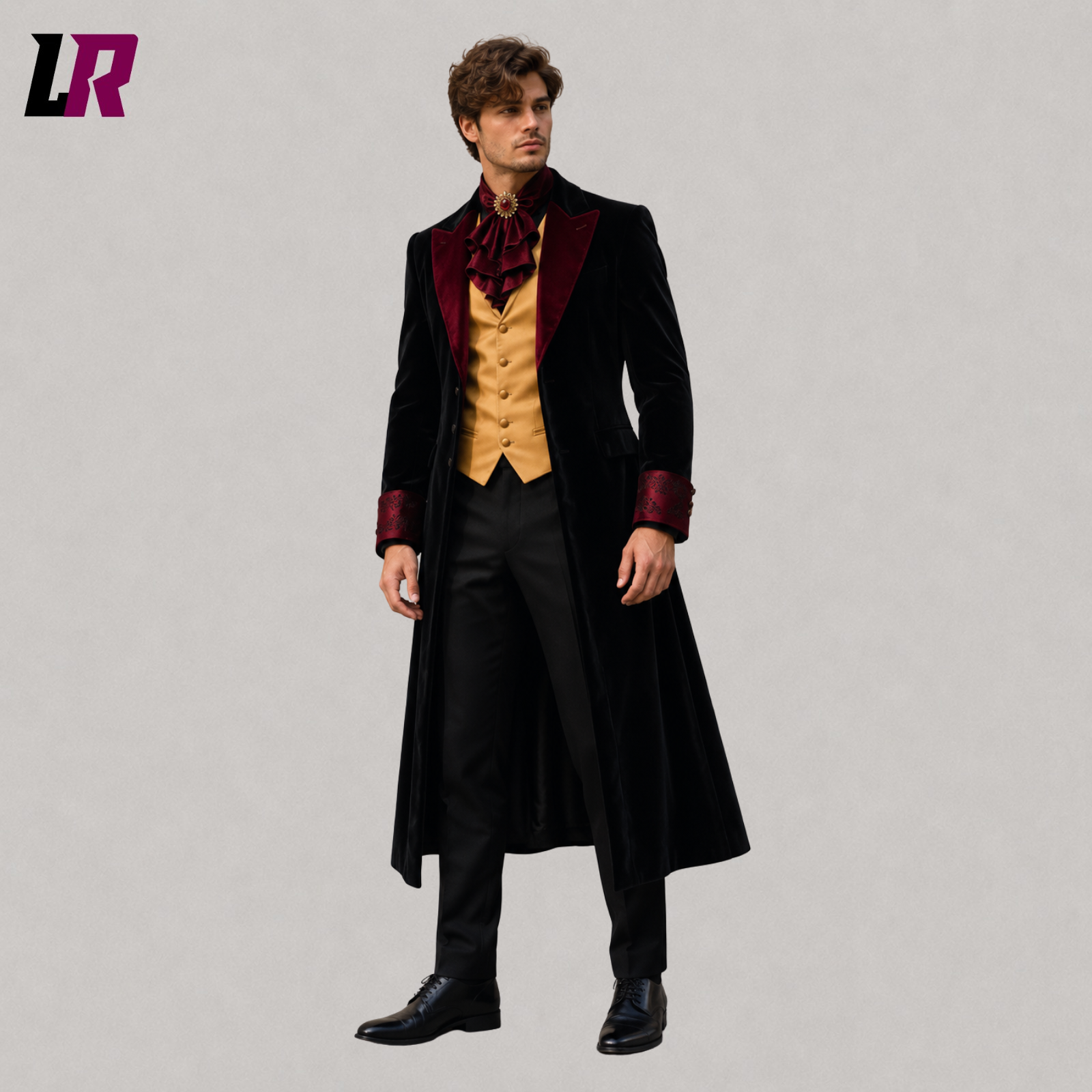 Front view of men's black velvet Victorian Gothic tailcoat with a formal long coat silhouette