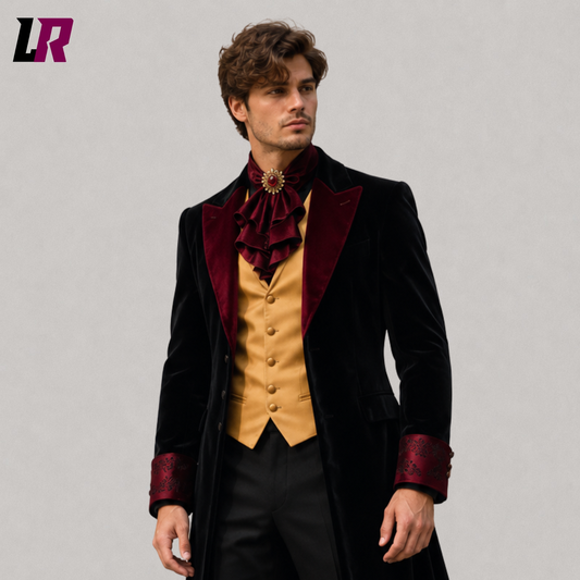 Close-up of men's black velvet Victorian tailcoat featuring luxurious velvet fabric and elegant tailoring