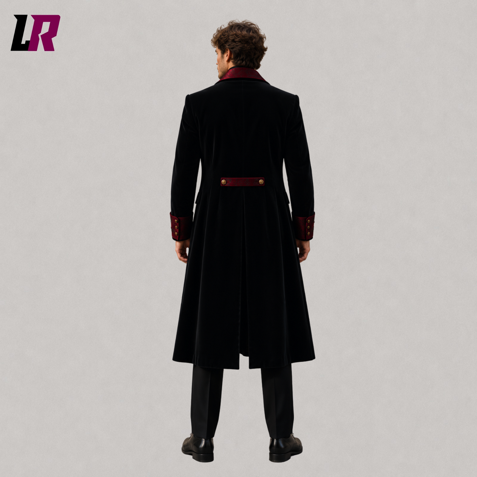 Back view of men's black velvet Victorian tailcoat showing the elegant full-length tailored design