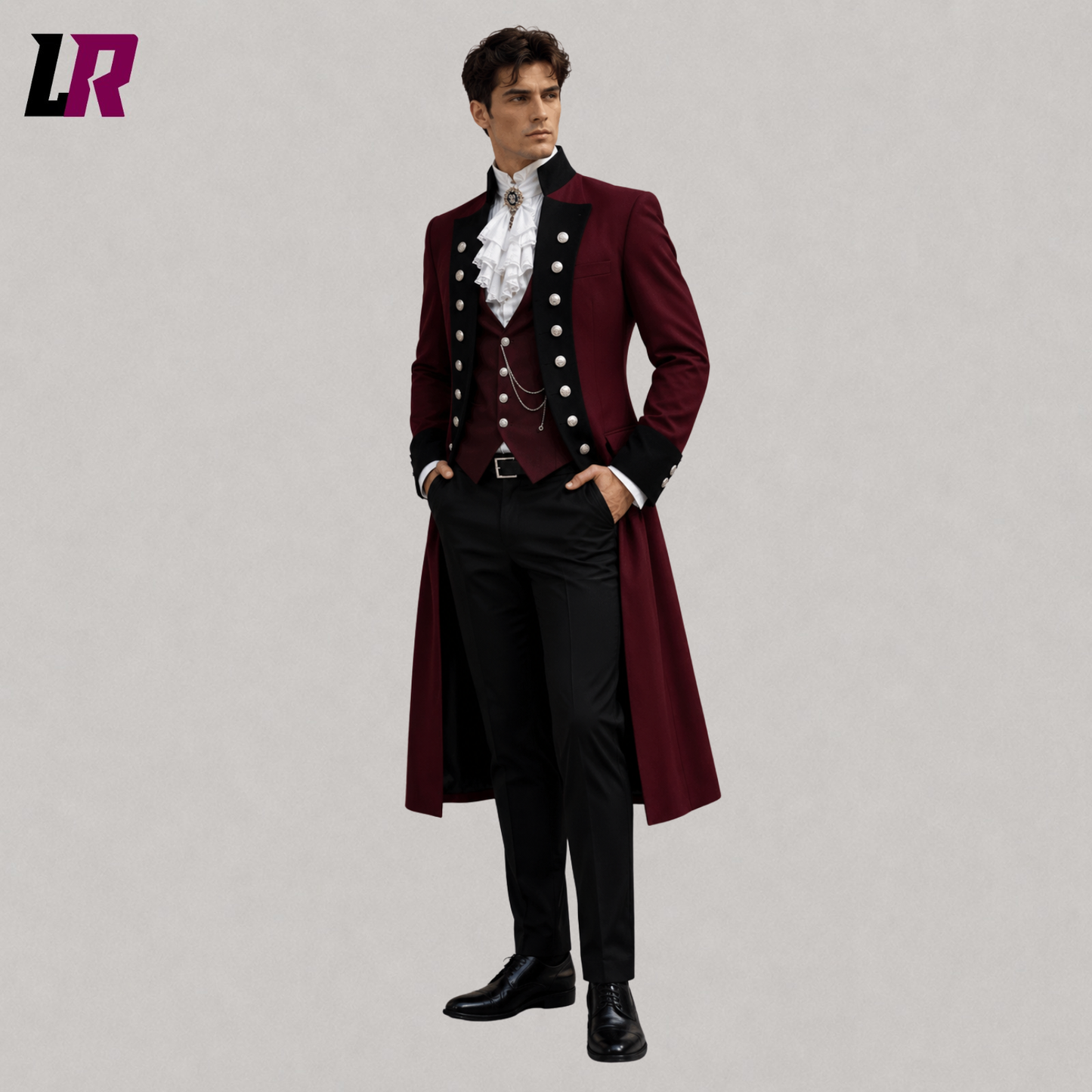 Front view of men's burgundy Victorian Gothic 3-piece suit with matching waistcoat and tailored trousers