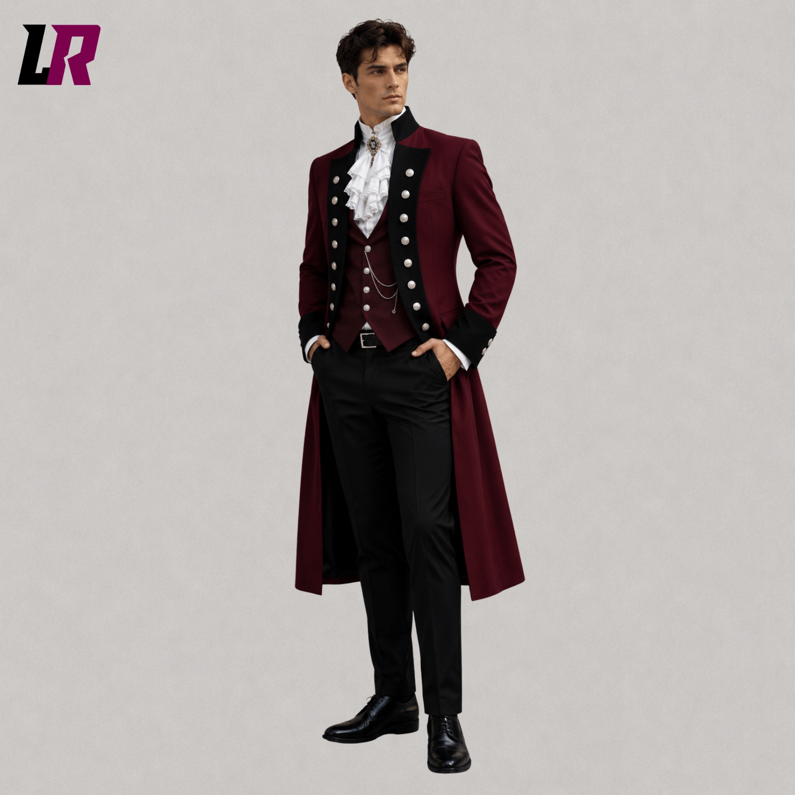 Front view of men's burgundy Victorian Gothic 3-piece suit with matching waistcoat and tailored trousers