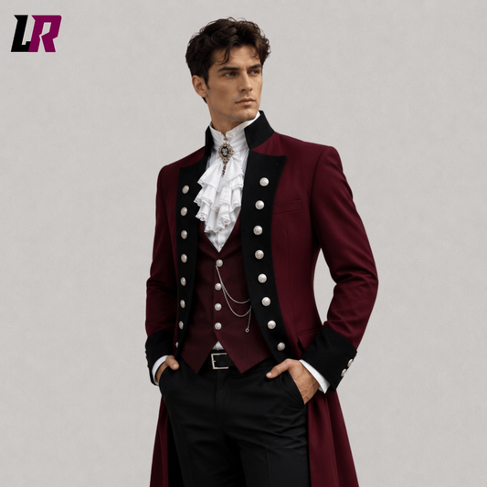 Close-up of men's burgundy Victorian Gothic tailcoat suit featuring premium tailoring and elegant formal details