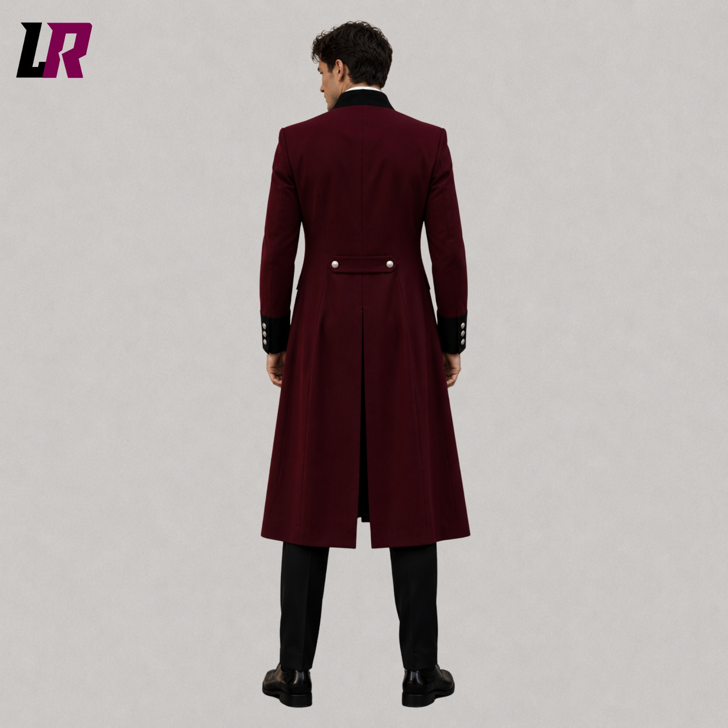 Back view of men's burgundy Victorian tailcoat suit showing the elegant long coat silhouette