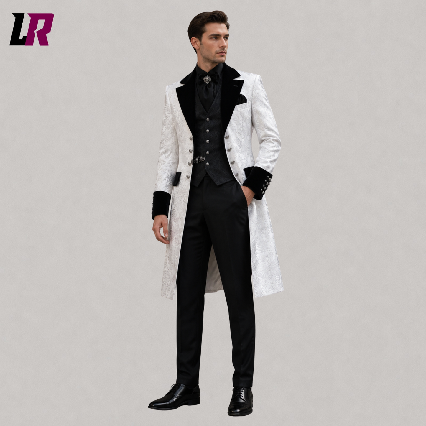 Front view of men's white Victorian Gothic 3-piece suit with matching waistcoat and tailored trousersc