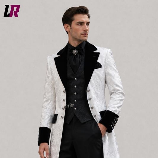 Close-up of men's white Victorian Gothic tailcoat suit featuring premium tailoring and elegant formal detailing