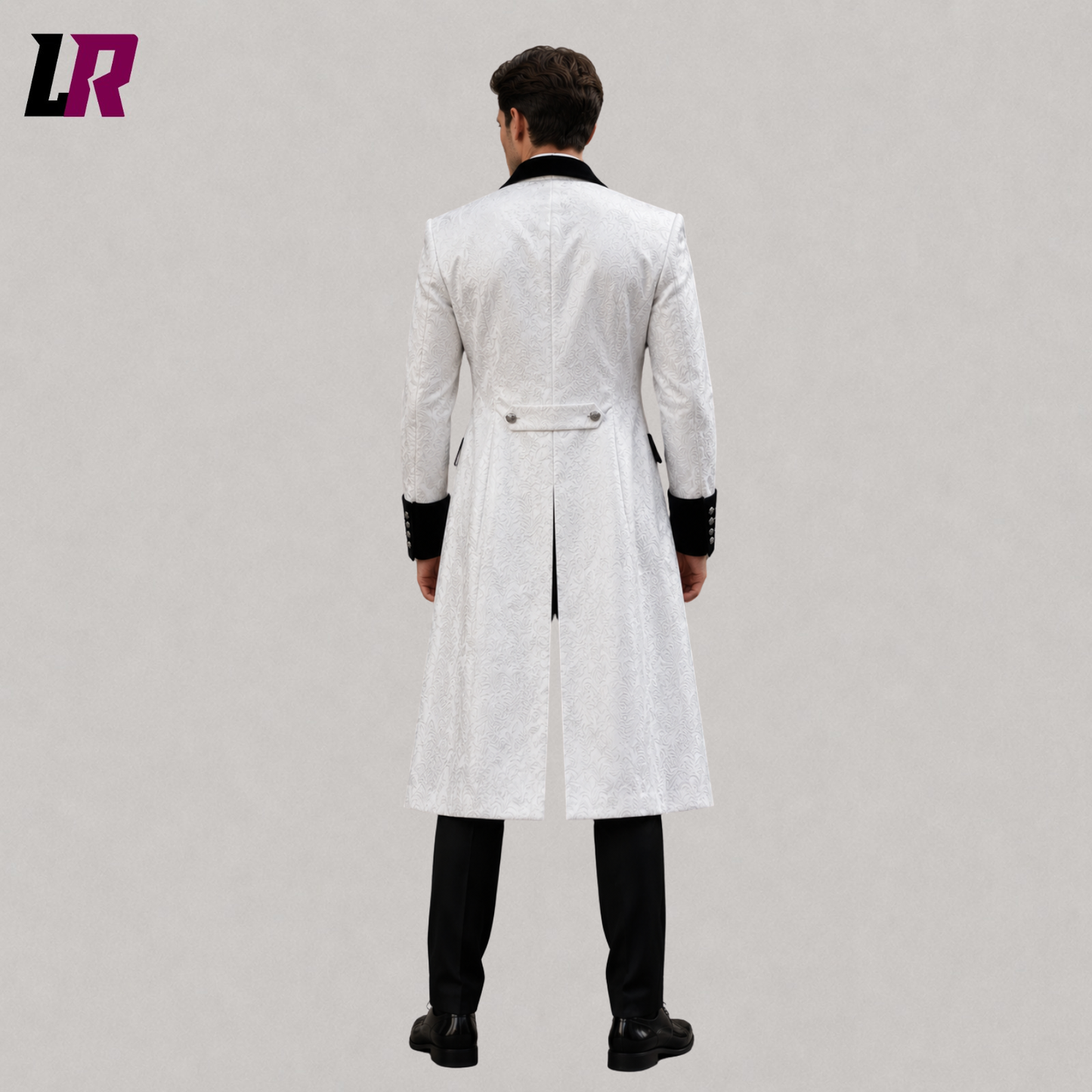 Back view of men's white Victorian tailcoat suit showing the elegant long coat silhouette