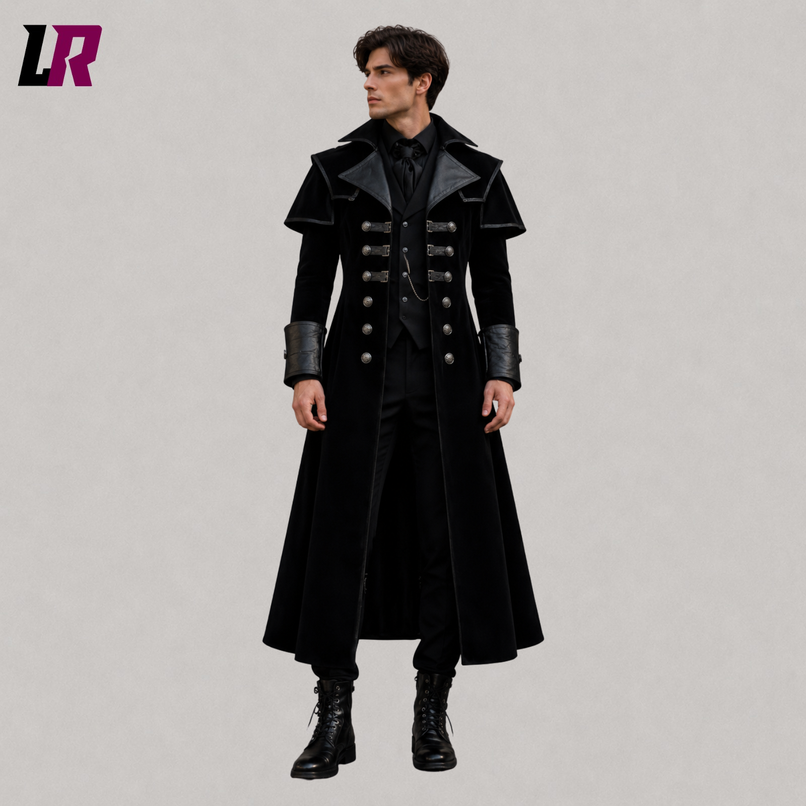 Front view of men's black velvet Gothic Victorian long coat with Regency-inspired tailcoat design