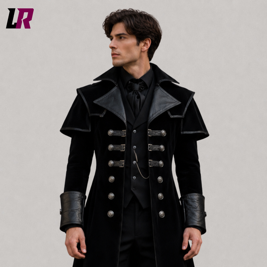 Close-up of men's handmade black velvet Gothic Victorian long coat featuring premium velvet fabric and elegant tailoring