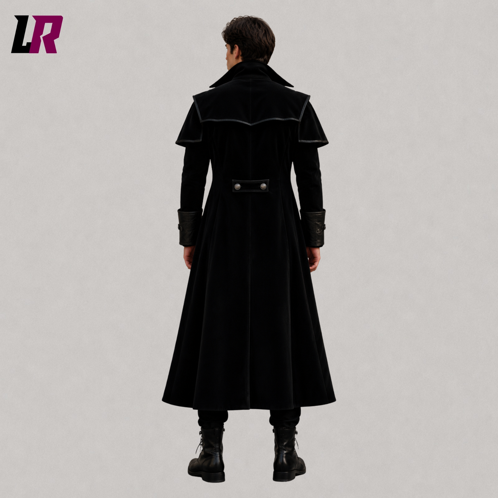 Back view of men's black velvet Victorian long coat showing the elegant full-length tailored silhouette