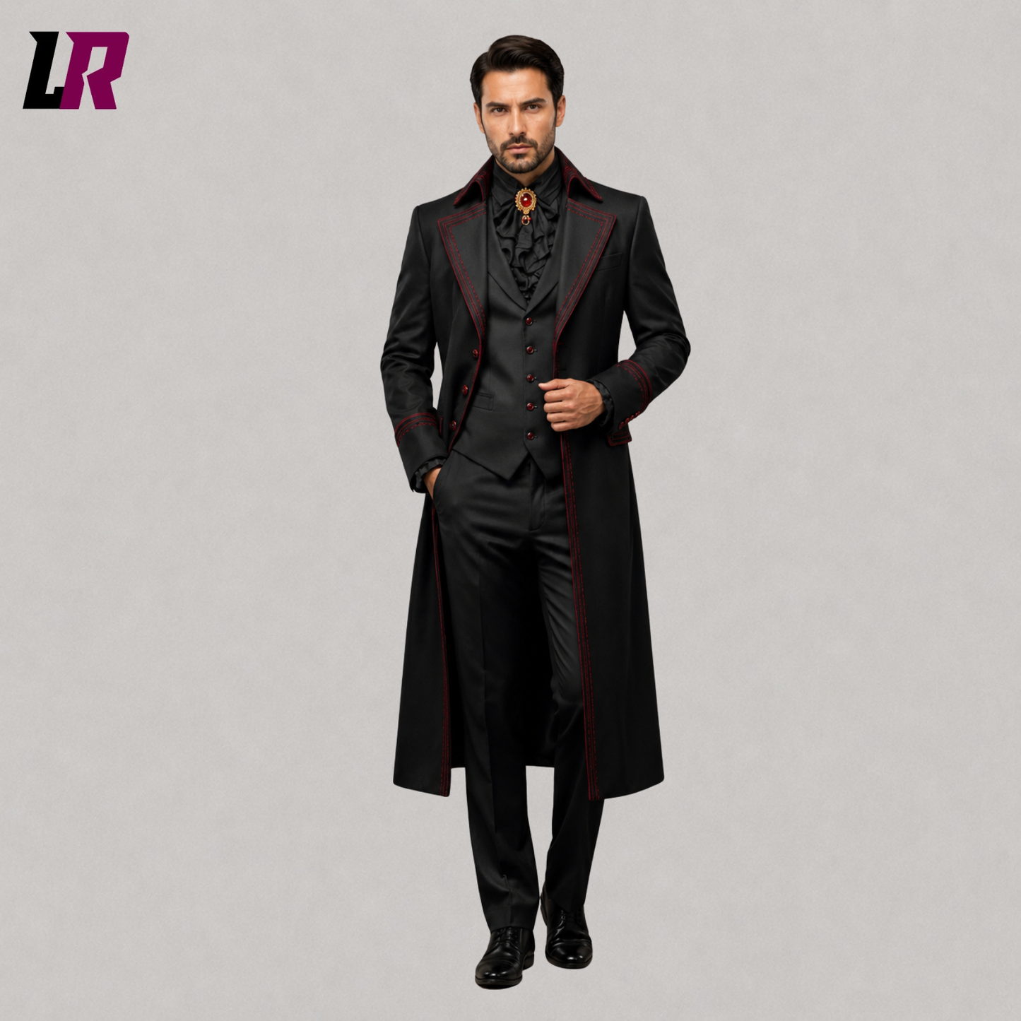 Front view of men's black and burgundy Victorian Gothic wedding tuxedo suit with matching waistcoat and trousers