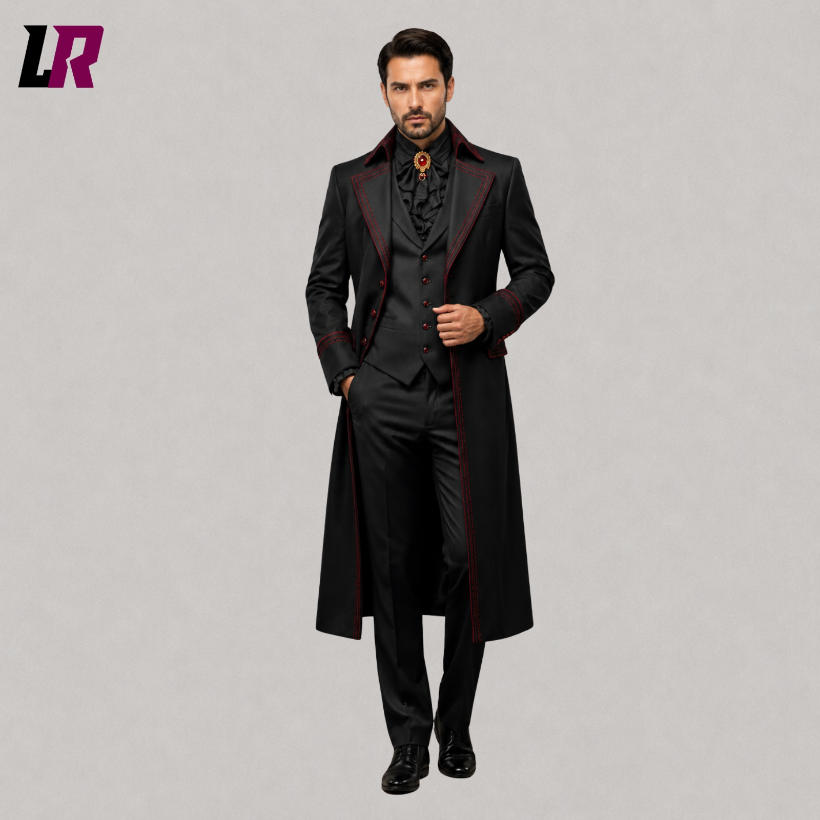 Front view of men's black and burgundy Victorian Gothic wedding tuxedo suit with matching waistcoat and trousers