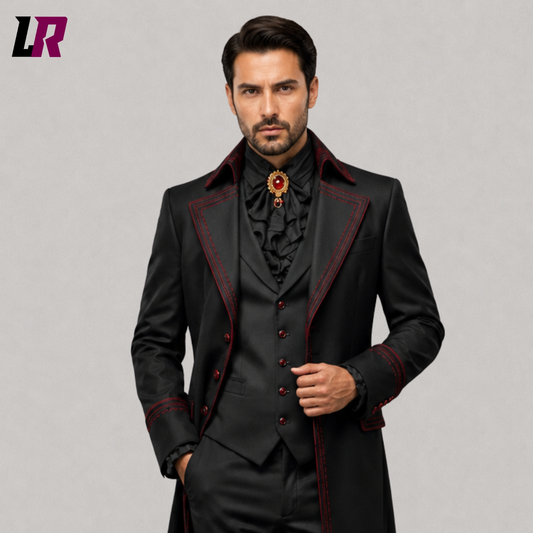 Close-up of men's black and burgundy Victorian Gothic tailcoat suit featuring premium tailoring and elegant formal details