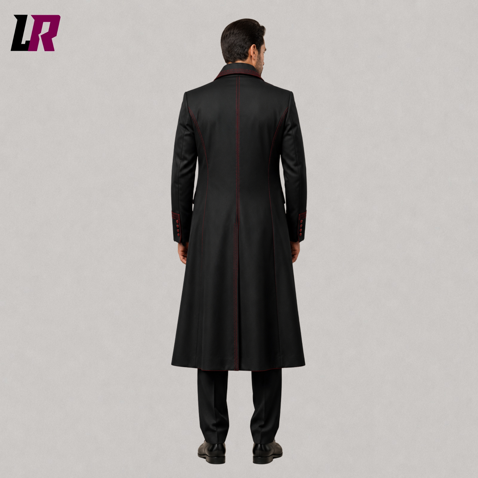 Back view of men's black and burgundy Victorian tailcoat suit showing the elegant long coat silhouette